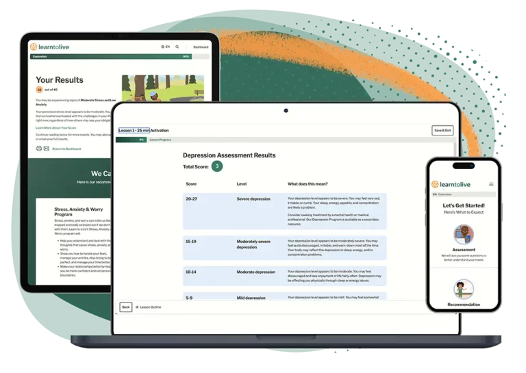 Learn to Live product displayed on a phone, tablet, and computer monitor