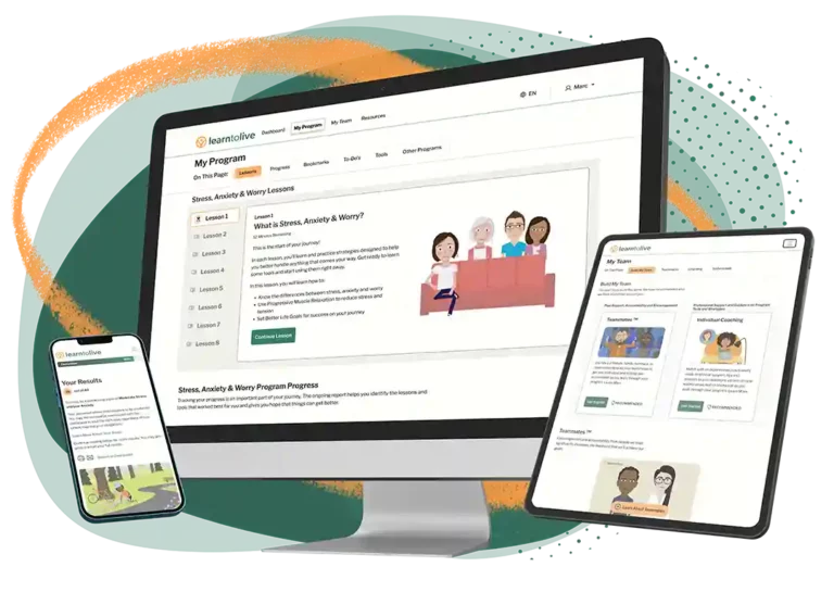 Product image of Learn to Live programs on a phone, tablet, and computer monitor